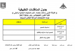 جدول المناقشات التطبيقية ( الفرقة الاولى  -ساعات معتمدة ) للمستوى الثانى - الفصل الدراسى الثالث لقسم المنجات المعدنية والحلى والتجهيز للعام الدراسى 2016/2017