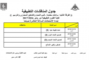 جدول المناقشات التطبيقية ( الفرقة الثانية  -ساعات معتمدة ) للمستوى الخامس - الفصل الدراسى الثالث لقسم النحت والتشكيل المعمارى للعام الدراسى 2016/2017